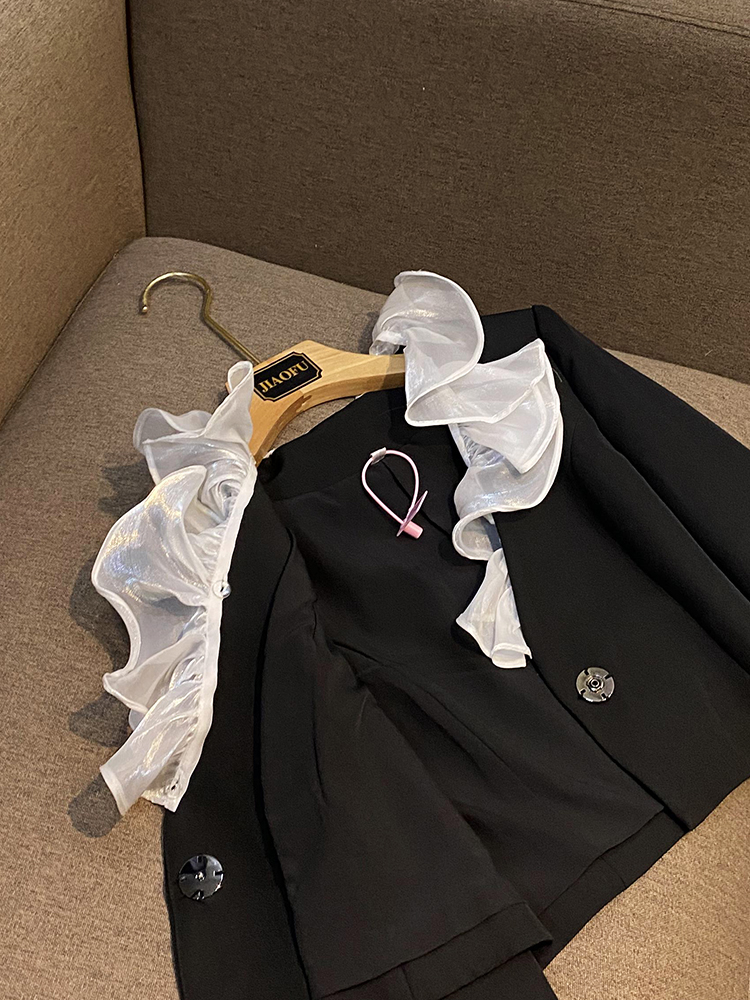 2023 Summer Black Contrast Color Ruffle Two Piece Dress Sets Long Sleeve V-Neck Panelled Coat & Short Skirt Suits Set O3L010103