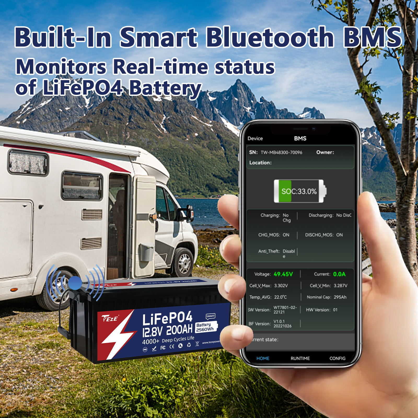 NY 12V 200AH LIFEPO4 Batteripaket Litiumjärnfosfatbatterier Inbyggda BMS Bluetooth för RV-båtar Motor EU US Tax Free