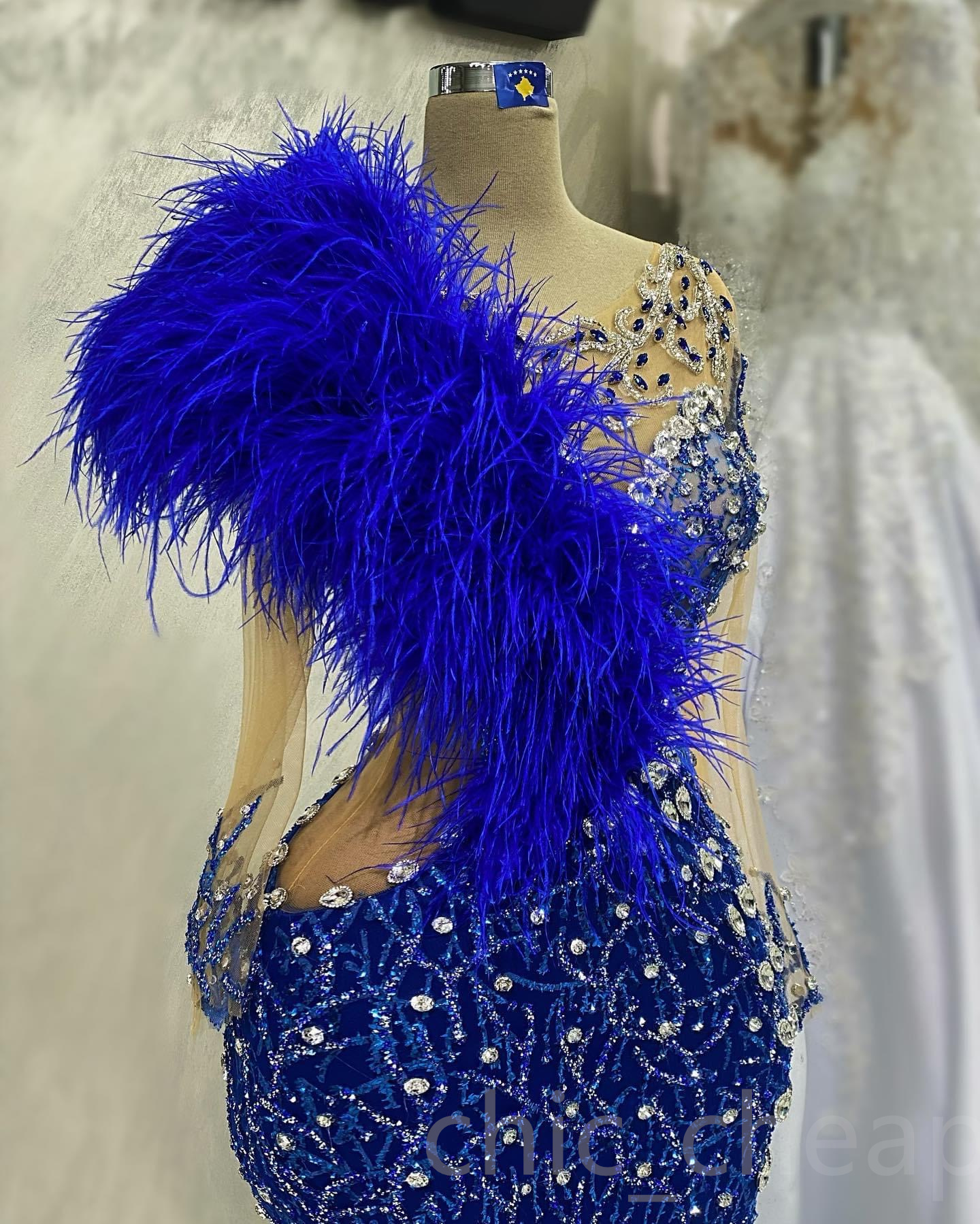 2023 May Aso Ebi Royal Blue Vestido de fiesta Plumas con cuentas Cristales Noche Fiesta formal Segunda recepción Cumpleaños Vestidos de compromiso Vestidos Robe De Soiree ZJ345