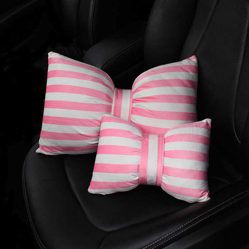 New Cute Stripe Bowknot Car Neck Pillow Headrest Creative Auto Safety Seat Head Cushion Waist Lumbar Support For Women Girls