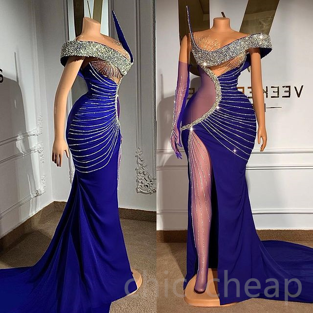 2023 May Aso Ebi Royal Blue Prom Dress Mermaid Beaded Sexy Evening Formal Party Second Reception Birthday Engagement Gowns Dresses Robe De Soiree ZJ352