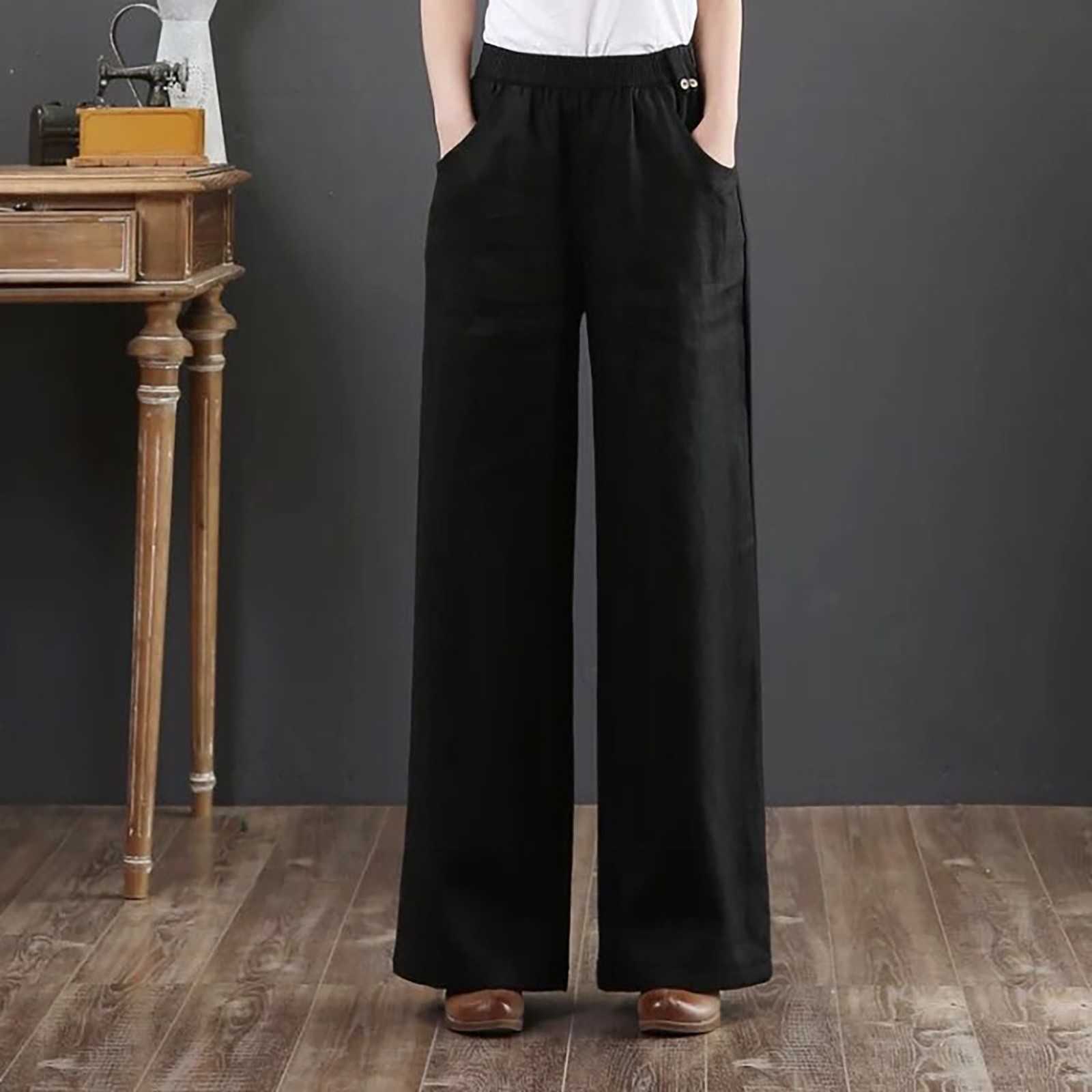 Capris Women's Wide Leg Pants 2023 Summer Thin Fabric Classicハイウエストポケットボタン長い宮殿のズボンゆるいカジュアルボトムP230602