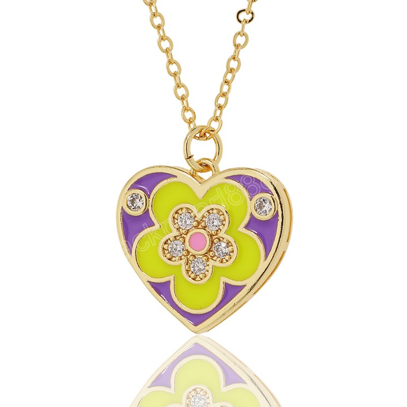 18K Gold Plated Heart Necklaces Pendant Multicolor Flower Drop Oil Choker For Teens Girls Birthday Jewelry Gifts