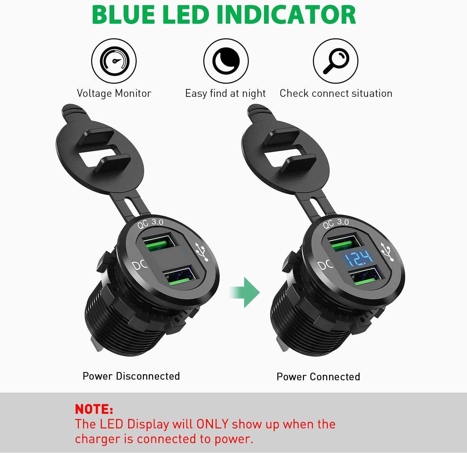 Billaddare QC3.0 Bil Cigarettändare Socket USB Car Charger 12V 24V Fast Charging Telefonavgift med LED -voltmeter för motorcykelbåt