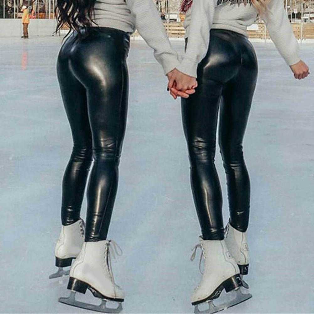 Kvinnor Pants Capris Artificial Leather Long Ben Tight High midje Polyester Elastic bekväma kvinnors vinter veckade byxor P230602