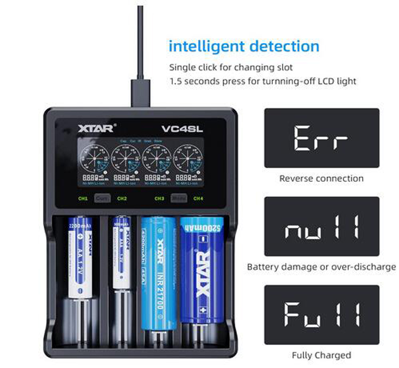 Autêntico XTAR VC4SL Inteligente Universal Smart Battery Charger Lithium Batteries 4 Slots USB Type Quick Charging For Li-ion Ni-MH 18650 21700 20700 VC4S VC8 Plug