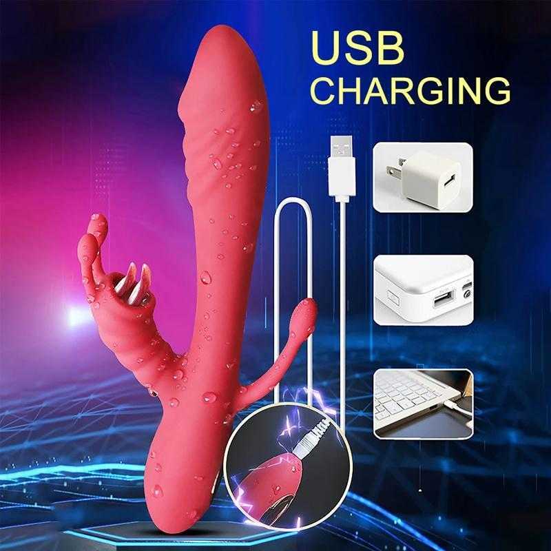 Massager 3 in Dubbele Tong Likken Tepel Vibrator Verwarming g Spot Clitoris Stimulator Vaginale Anale Orgasme Dildo voor Vrouwen