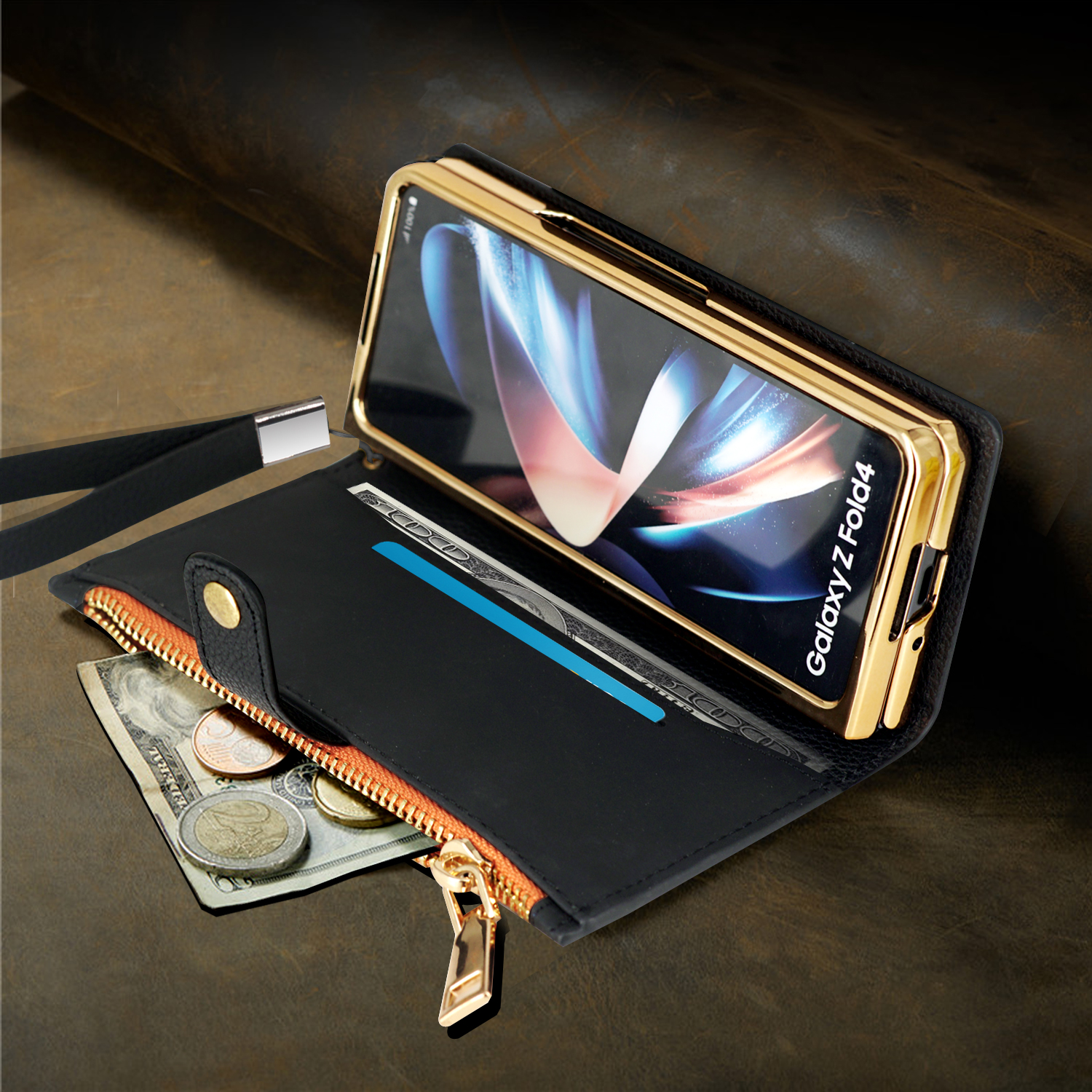 Reißverschluss-Ledertaschen für Samsung Galaxy Z Fold 4 Fold3 Hülle Armband Stift Kreditkarte Flexible RFID-Brieftaschenabdeckung
