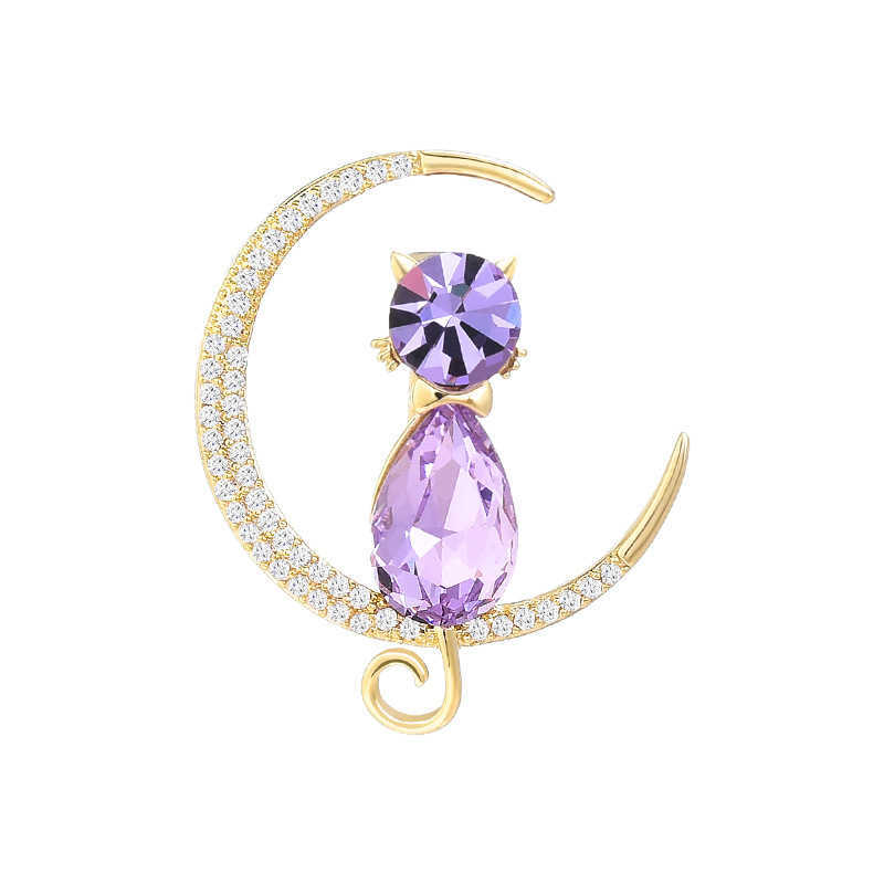 Broches Broches Mode féminine simple violet cristal chat lune femmes luxe couleur or alliage de zircon animal broche épingle de sûreté G230529