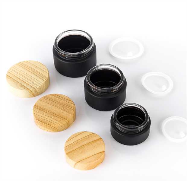 Wholesale Black Frosted Glass Bottle Jars Cosmetic With Woodgrain Plastic lids PP liner 5G 10G 15G 20G 30G 50G lip Packing Bottles JL9956