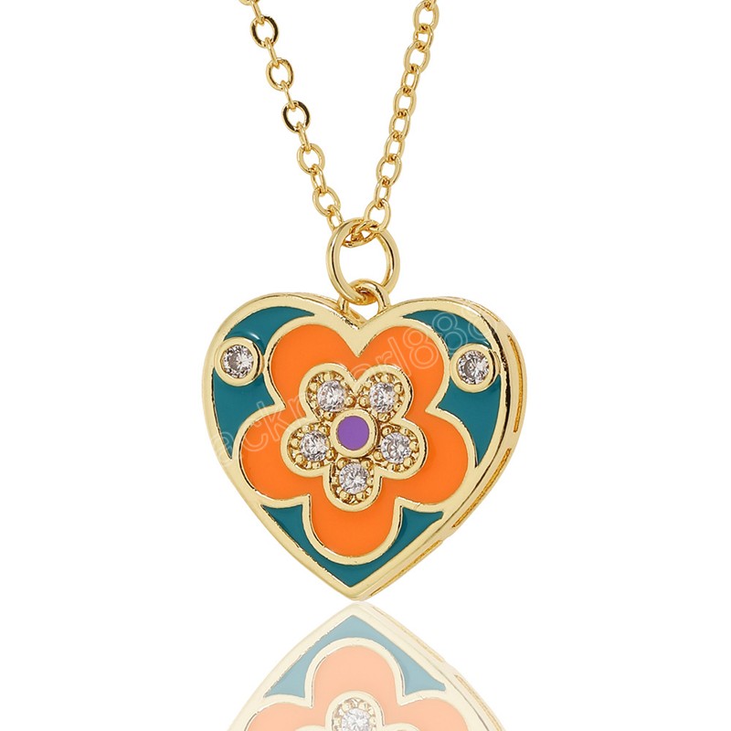 18K Gold Plated Heart Necklaces Pendant Multicolor Flower Drop Oil Choker For Teens Girls Birthday Jewelry Gifts