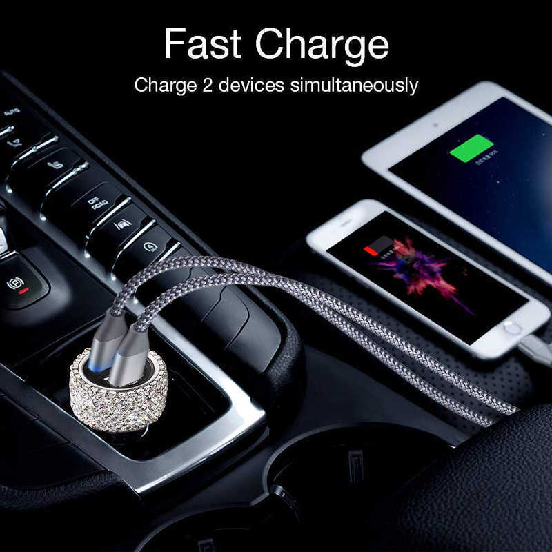 New Diamond Crystal Dual USB Car Charger With LED Display Cigarette Lighter Universal Mobile Phone Car Data Cable for Xiaomi iPhone