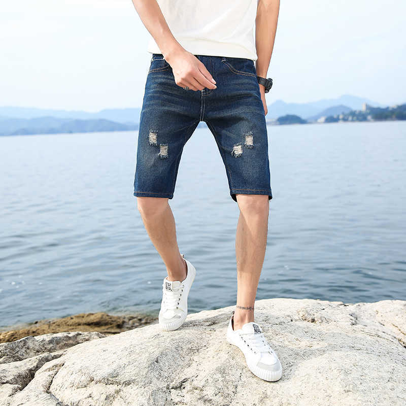 Shorts masculinos Calças jeans de verão Destroyed Ripped Blue Fashion Design jeans Shorts masculinos retos ultrafinos Hombre P230602