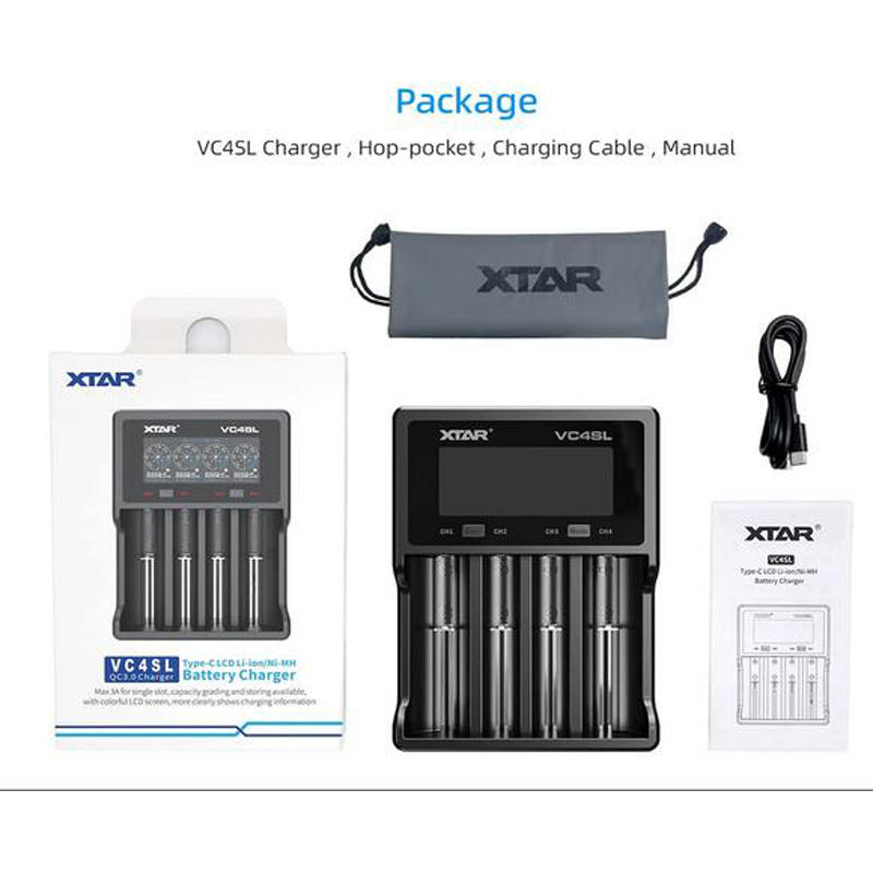 원본 XTAR VC4SL 지능형 범용 스마트 배터리 충전기 리튬 배터리 4 슬롯 USB 유형 C QC3.0 리-이온 NI-MH NI-CD 18650 21700 20700 대 VC4S 용 빠른 충전