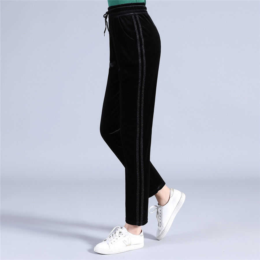 Capris Side Stripe Bright Line装飾的な金ベルベット快適な女性パンツブラッシングウエストブラックルーズカジュアルプラスサイズ柔軟なP230602