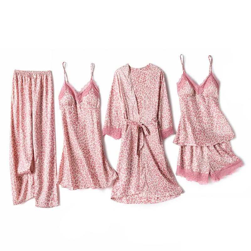 Sexig pyjamas Silk Robe Sleep Sweet Womens spets Satin Pyjamas GOWN SET CAMI NIGHTIES bär Pijama Home Nightwear Sexig Leopard Nightdress J230601