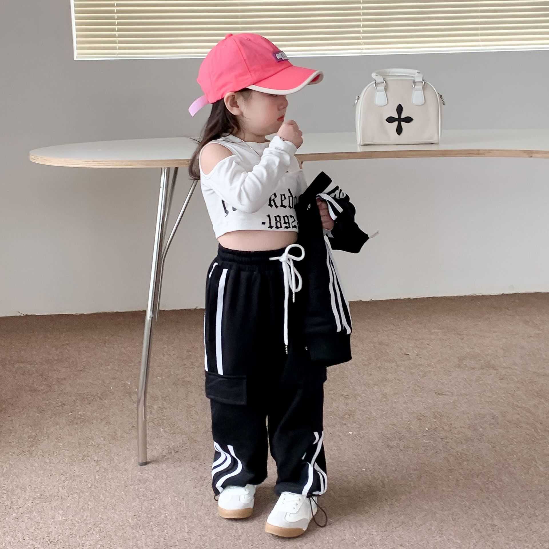 Set da ballo di strada hip-hop ragazze, abbigliamento esposto ombelico e spalle, abbigliamento hip-hop bambini alla moda a maniche lunghe larghe