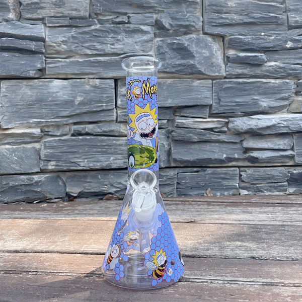 Narguilé en verre Pyrex Base de bécher Bong 10 pouces 14mm joint de bol Dab Oil Rig Bubbler Pipes à eau pour fumer avec pictuer bleu