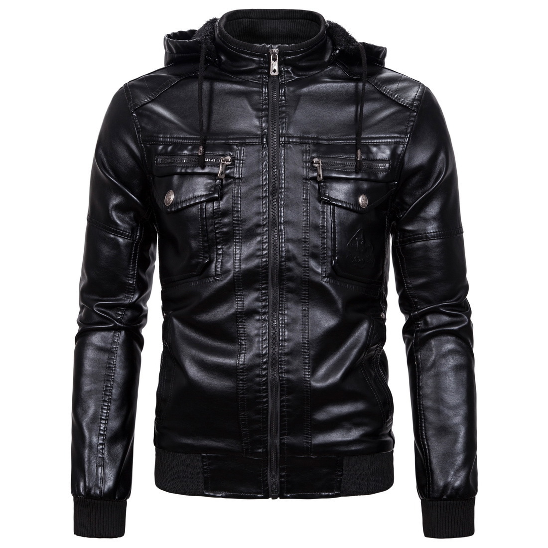Autumn casual black plus size fleece hooded biker jacket leather men