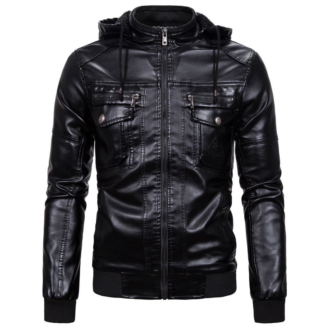 Herbstlich lässige schwarze Plus-Size-Bikerjacke aus Fleece mit Kapuze und Leder für Herren