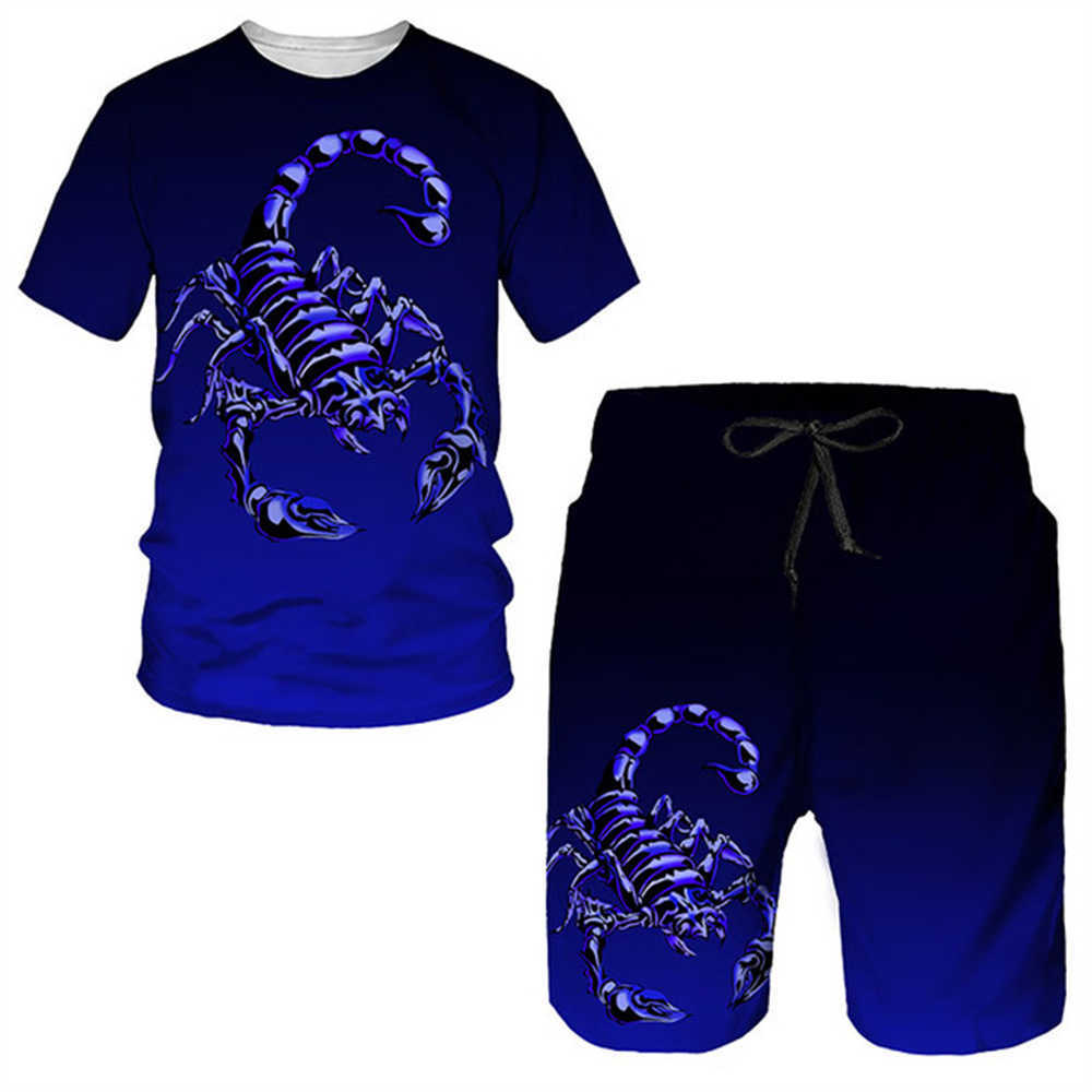 Fatos de treino 2023 Scorpion 3D Printing T-shirt Sweatshirt Manga Curta Padrão Estampado Rua Conjunto Verão Masculino P230603