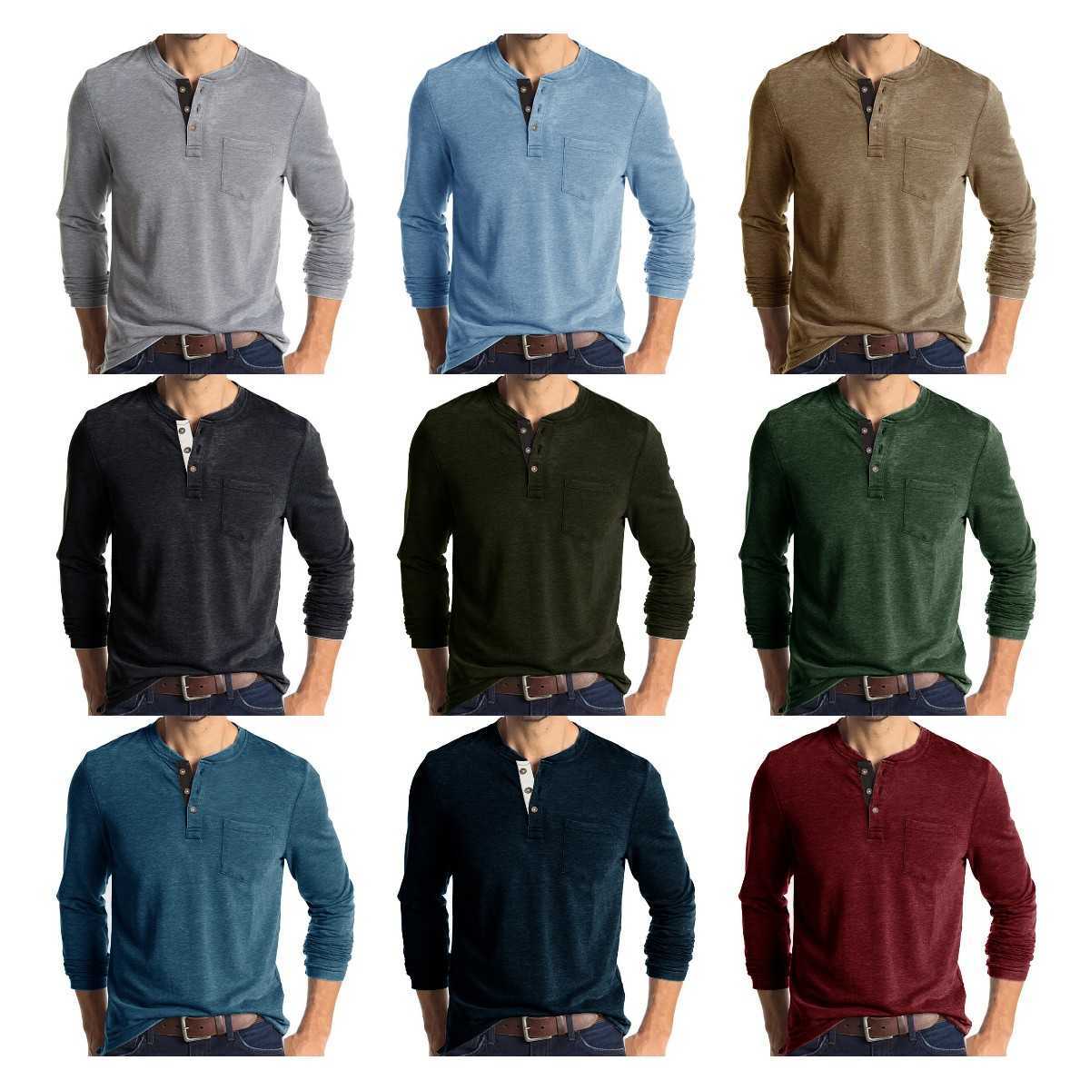 قميص Henley للرجال مخصص اللون الصلب TEE Long Sleeve Buttondown ملابس الملابس مصمم أزياء Tshirts مع جيب YPMG