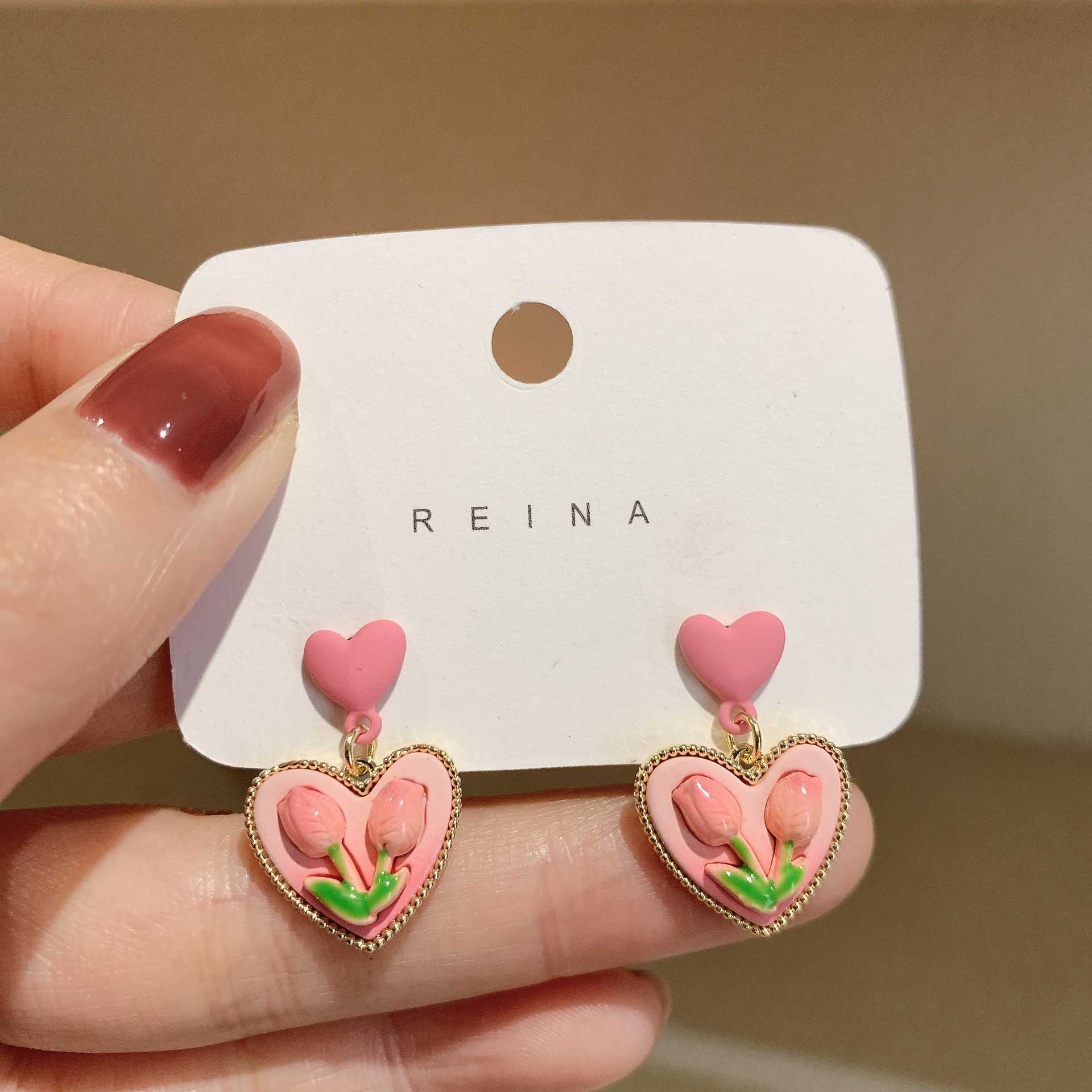 Stud Koreaanse zoete hars kersenbloesem geschikt voor meisjes zomer roze roos tulp hartvormige oorbellen elegante en warme sieraden G230602