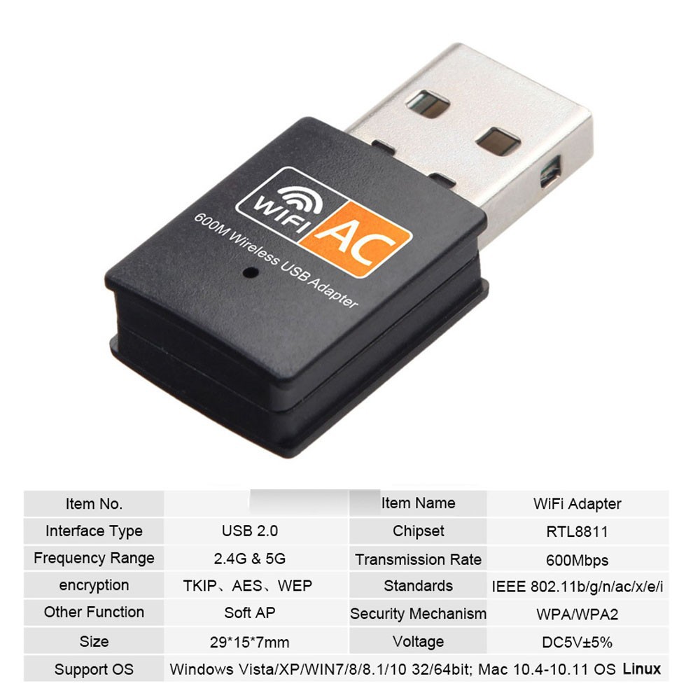 USB-WLAN-Adapter, 2,4 GHz, 5 GHz, 600 Mbit/s, WLAN-Antenne, Dualband 802.11b/n/g/ac, Mini-Wireless-Computer-Netzwerkkartenempfänger mit Einzelhandelsverpackung