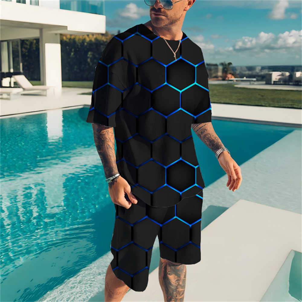 İzler Yaz Yeni Erkekler 3D Teknolojisi Grafik Baskı Gevşek O-Gell T-Shirt Kısa Kollu Plaj Sweatshirt 2PK Seti P230603