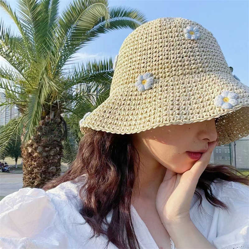 Wide Brim Hats Summer crochet bucket Women's folding Panama UV sun Bohemian flower fishing Holiday beach hat G230603