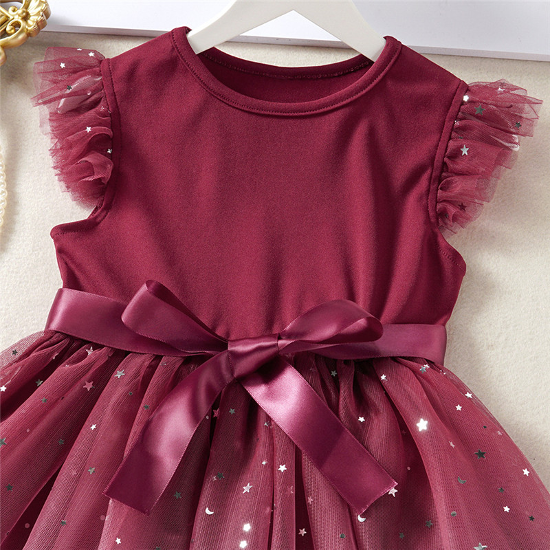 Neonati Abbigliamento bambini Moda Abiti ragazze Garza Maglia senza maniche Paillettes a forma di stella Accessori intarsiati Abito i all'ingrosso