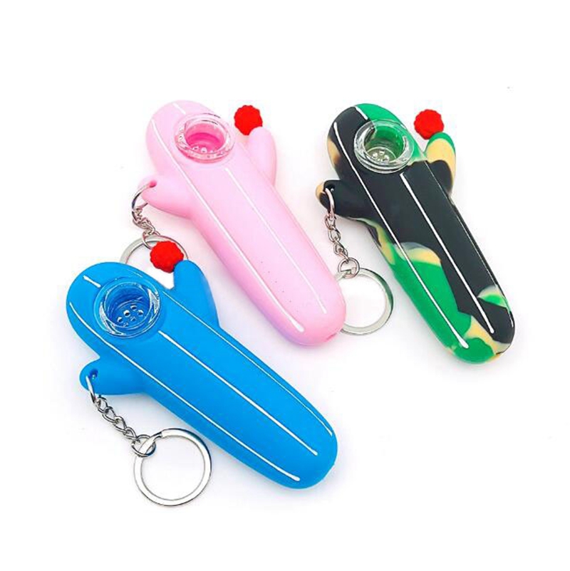 Coloré Portable Anneau De Doigt Silicone Pipes Cactus Forme Verre Nineholes Filtre Écran Bol Herbe Tabac Porte-Cigarette Narguilé Pipe À Eau Bong Fumer