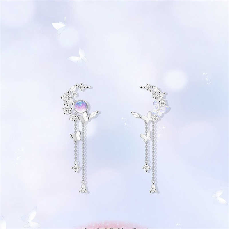 Charme exquis et mignon papillon zircon pendentif pompon de lune adapté aux femmes mode coréenne température boucles d'oreilles asymétriques bijoux de fête G230602