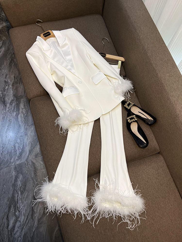 2023 Autumn Black / Pink Feather Two Piece Pants Sets White Long Sleeve Notched-Lapel Single-Button Blazers Top & Long Pants Suits Set O3L011401