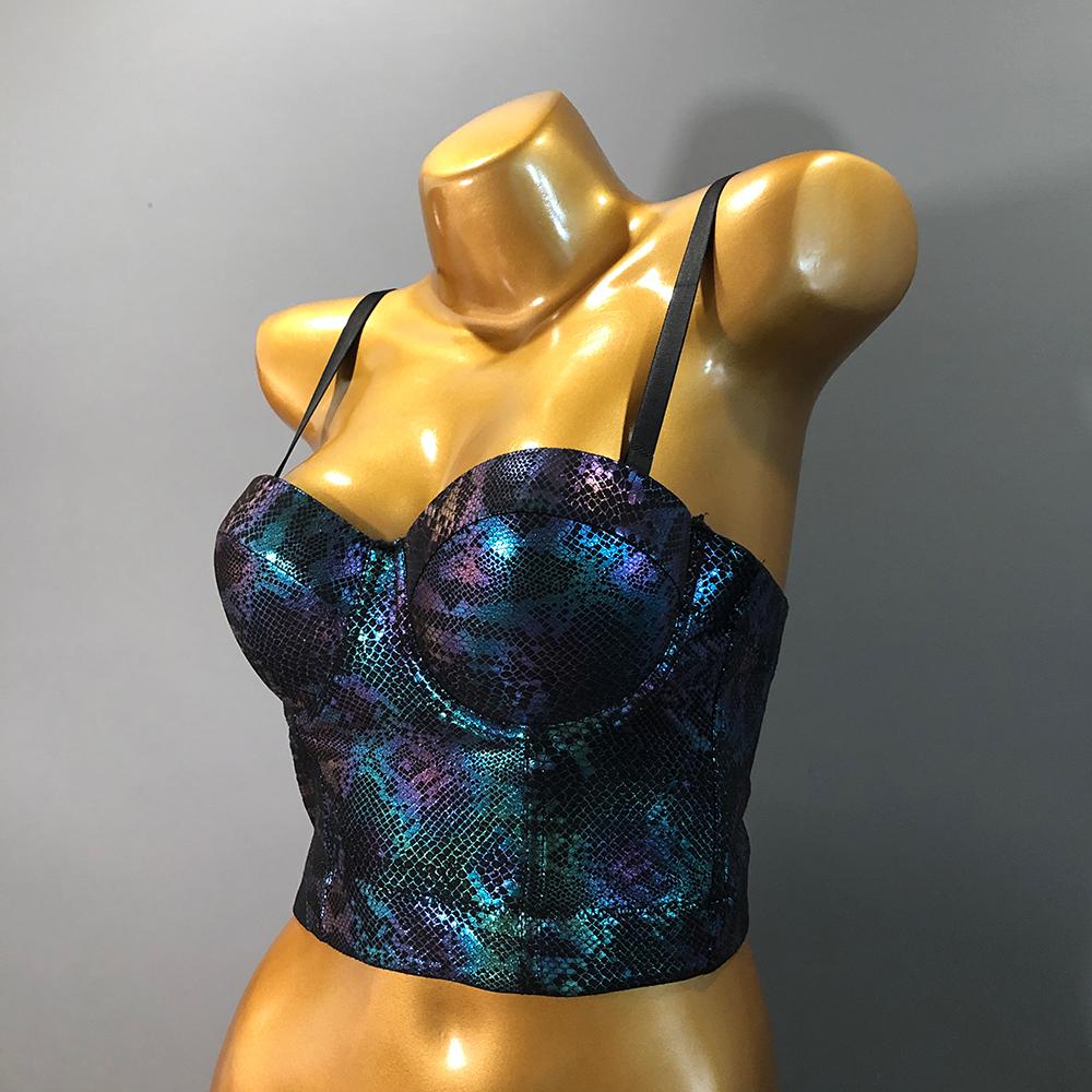 T-shirt cupnaya pu läder snakeskin kvinnor skörd topp sexig bustier korsett inner cami braltette väst tankdans klubbkläder just