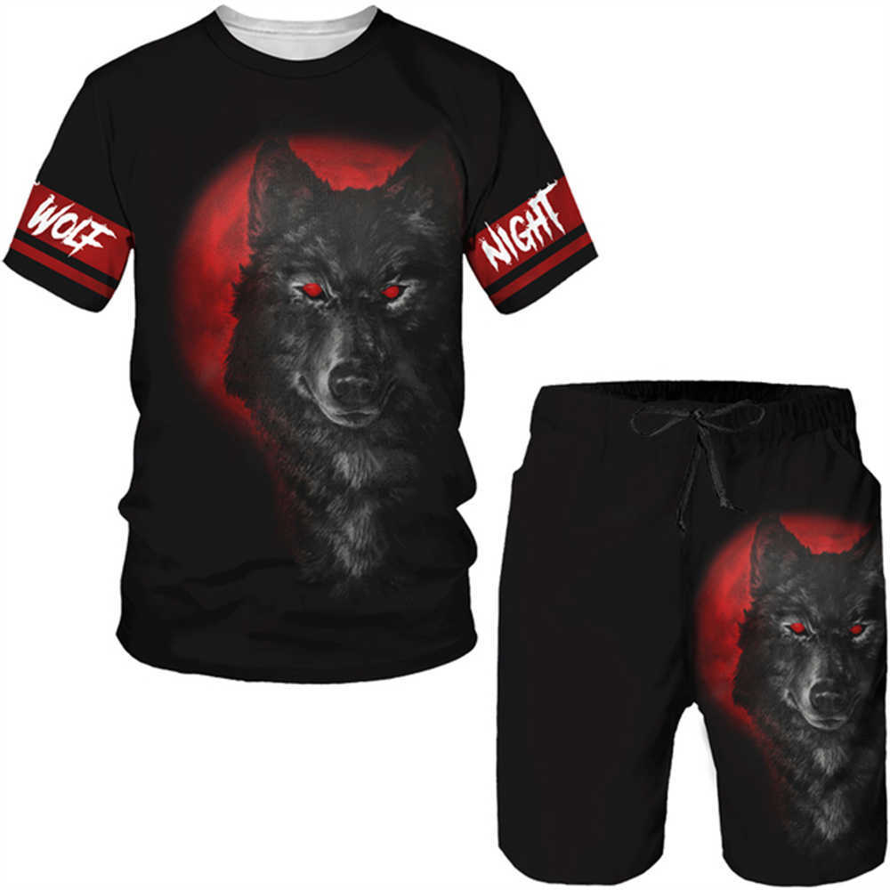 Fatos de treino 3D Wolf Print Sports T-shirt Roupas Verão Manga Curta Moda Conjunto de 2 Peças Masculino Casual Respirável Street P230603