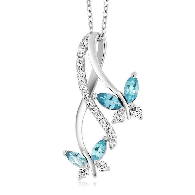 Simple Blue Crystal Zircon Butterfly Necklace Gem Stone Pendant Necklace for Women's Valentine's Day Gift