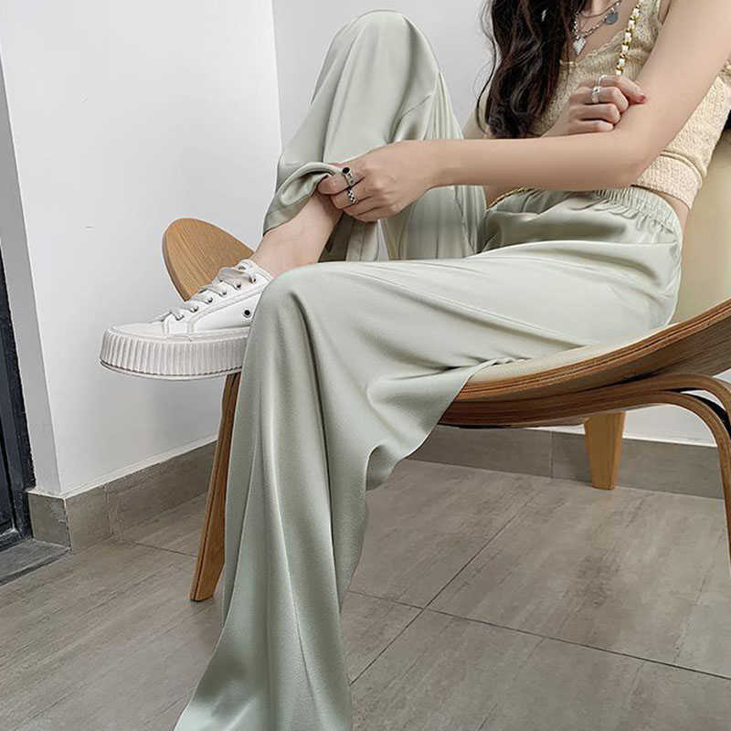 Capris Lucifer Summer Satin Skating Women's 2023 New Casual Loose Thin Wide Leg Trousers Korean Elastic midja raka byxor för kvinnor P230602