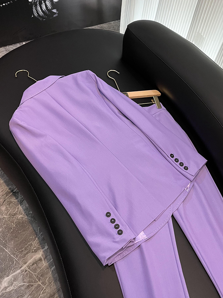 2023 Autumn Purple Two Piece Pants Set Solid Color Long Sleeve Notched-Lapel Double-Breasted Blazers Top Vest Long Pants Three Suits Set X3L012598