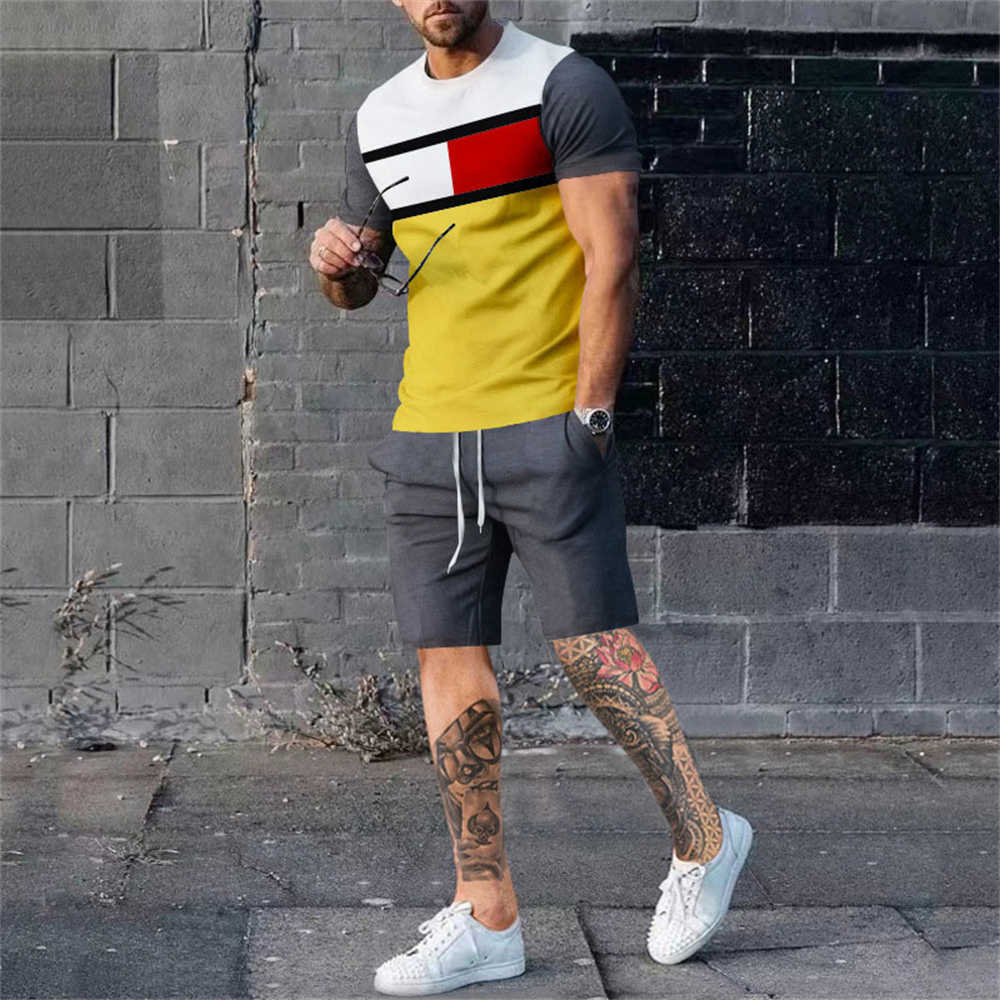 Tracksuits Summer Casual Set 3D Printing Stitching Street Short Sleeve Fitness Home Clothing T-shirt Shorts 2-Piece Men's Sportswear P230603