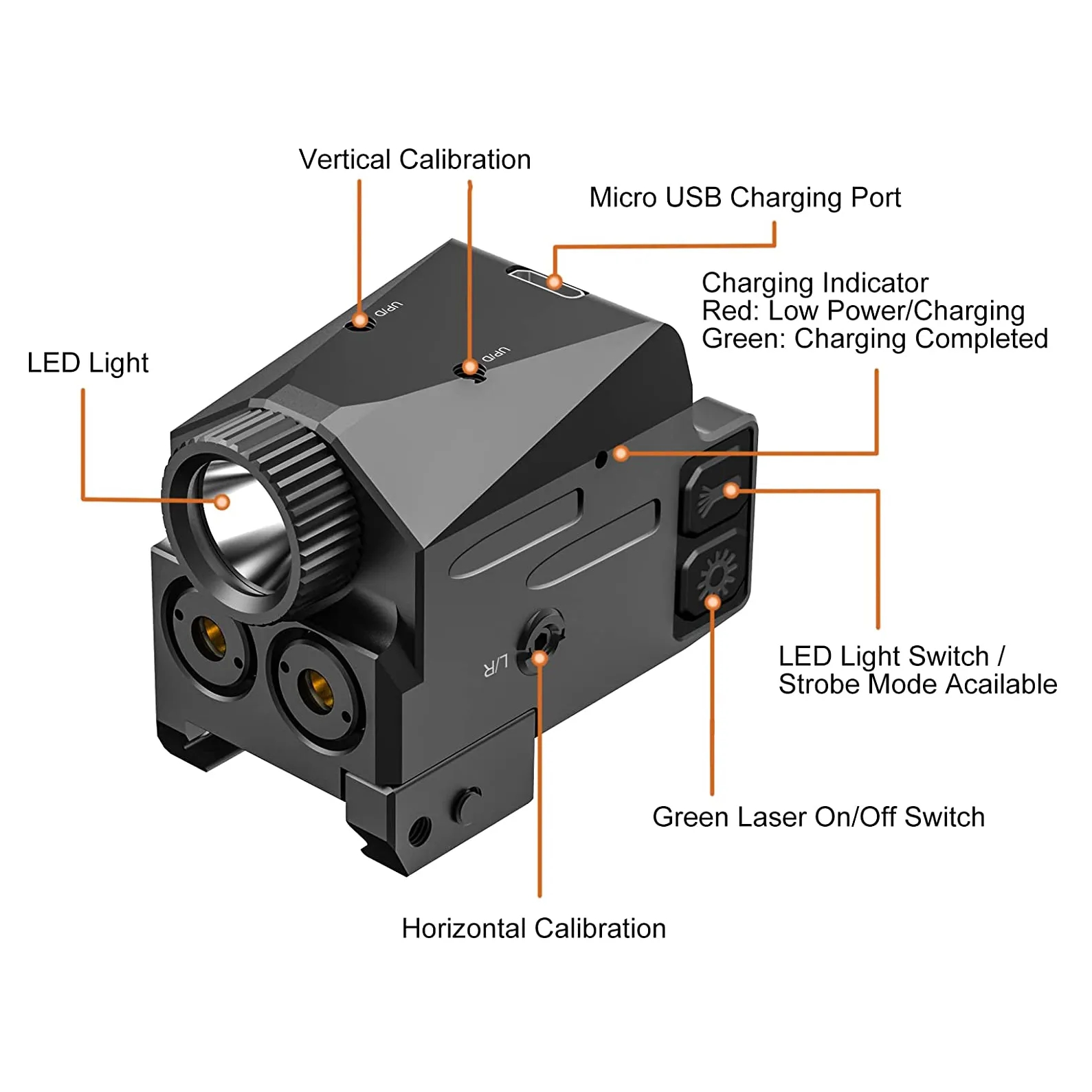 Tactische rode groene laserlichtcombo USB oplaadbare zaklamplaser voor lichtlaserzicht 500 lumen