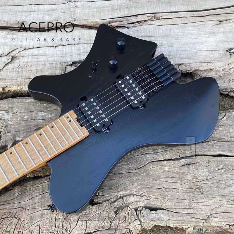 Acepro koyu siyah başsız elektro gitar 2 humbucker pikaplar kül gövdesi kavrulmuş akçaağaç boyun paslanmaz çelik perdeler ücretsiz kargo