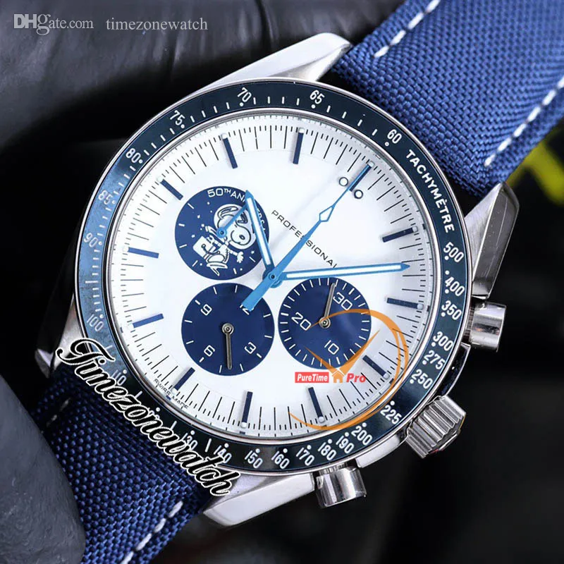 Ny 42mm Snoop Award 50 -årsjubileum OS Quartz Chronograph Mens Watch 310.32.42.50.02.001 Blue Ceramic Bezel White Dial Nylon Strap Stopwatch Watches TimeZoneWatch