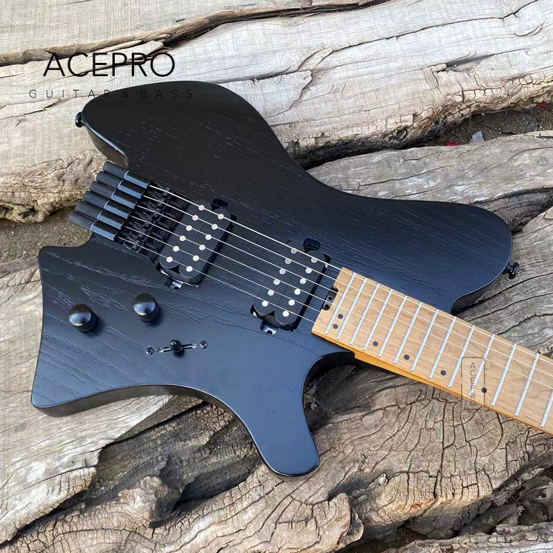 Acepro koyu siyah başsız elektro gitar 2 humbucker pikaplar kül gövdesi kavrulmuş akçaağaç boyun paslanmaz çelik perdeler ücretsiz kargo