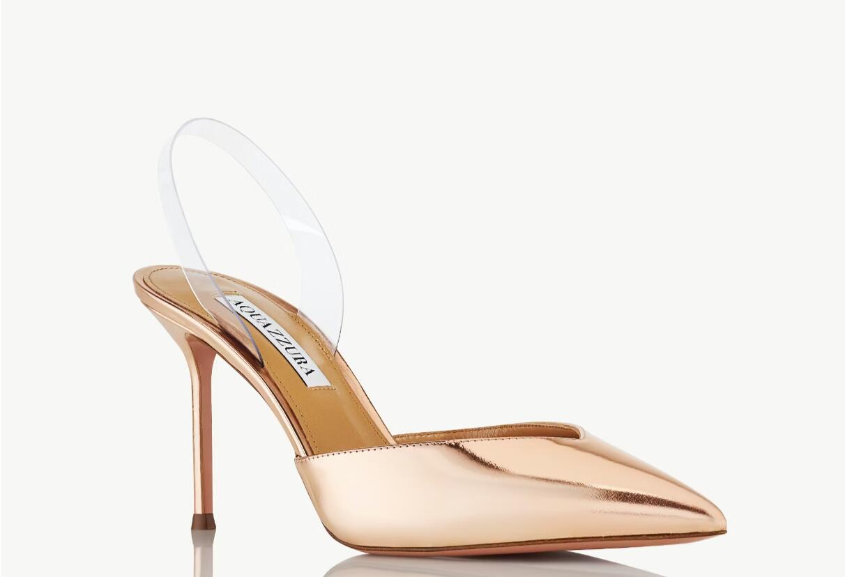 Aquazzura V Plexi Sling couro dourado preso por alças transparentes de PVC transparente Summer Luxury slingback Shoes Perfect Lady salto baixo salto alto festa casamento