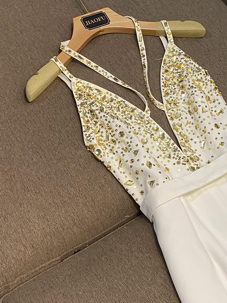 2023 Summer White Solid Color Rhinestone Sequins Jumpsuits Spaghetti Strap V-Neck Long Maxi Rompers O3L012613