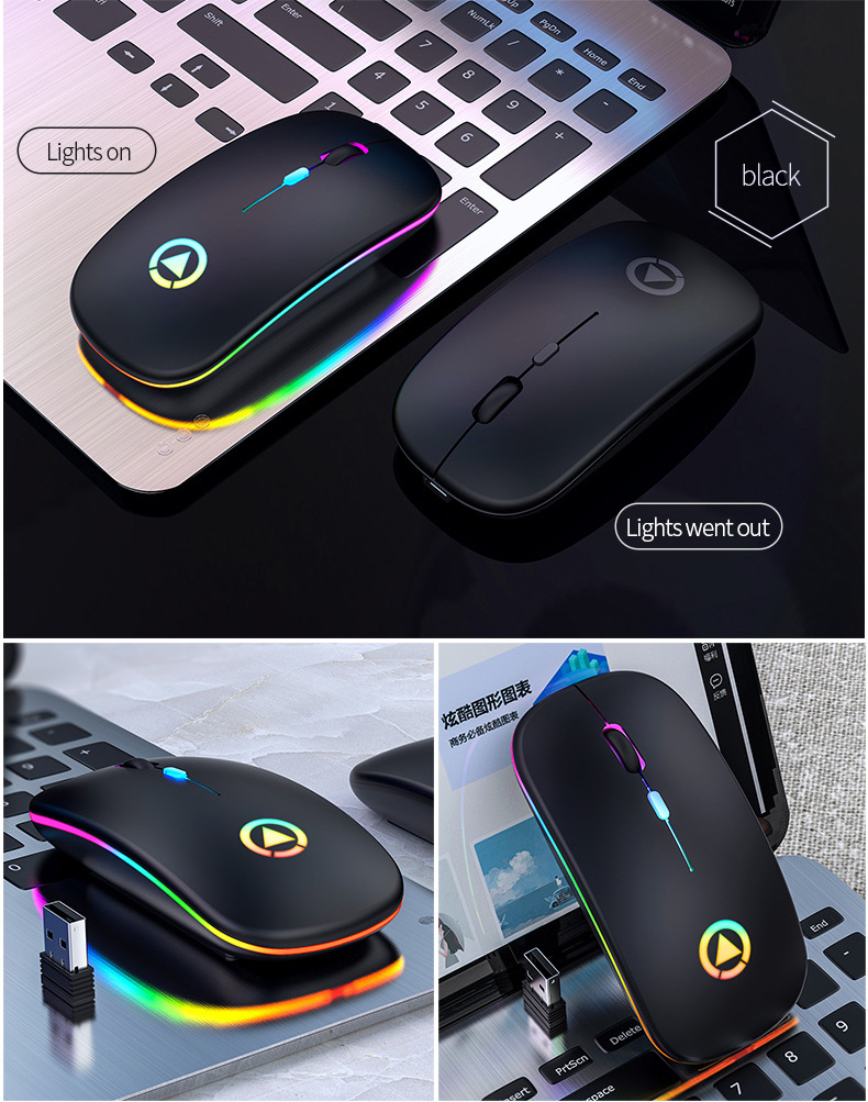 Mouse Bluetooth wireless ricaricabile A2 con ricevitore 2.4G Retroilluminazione a LED a i Mouse silenzioso Mouse da gioco ottico USB con batteria computer Desktop Laptop Gioco PC