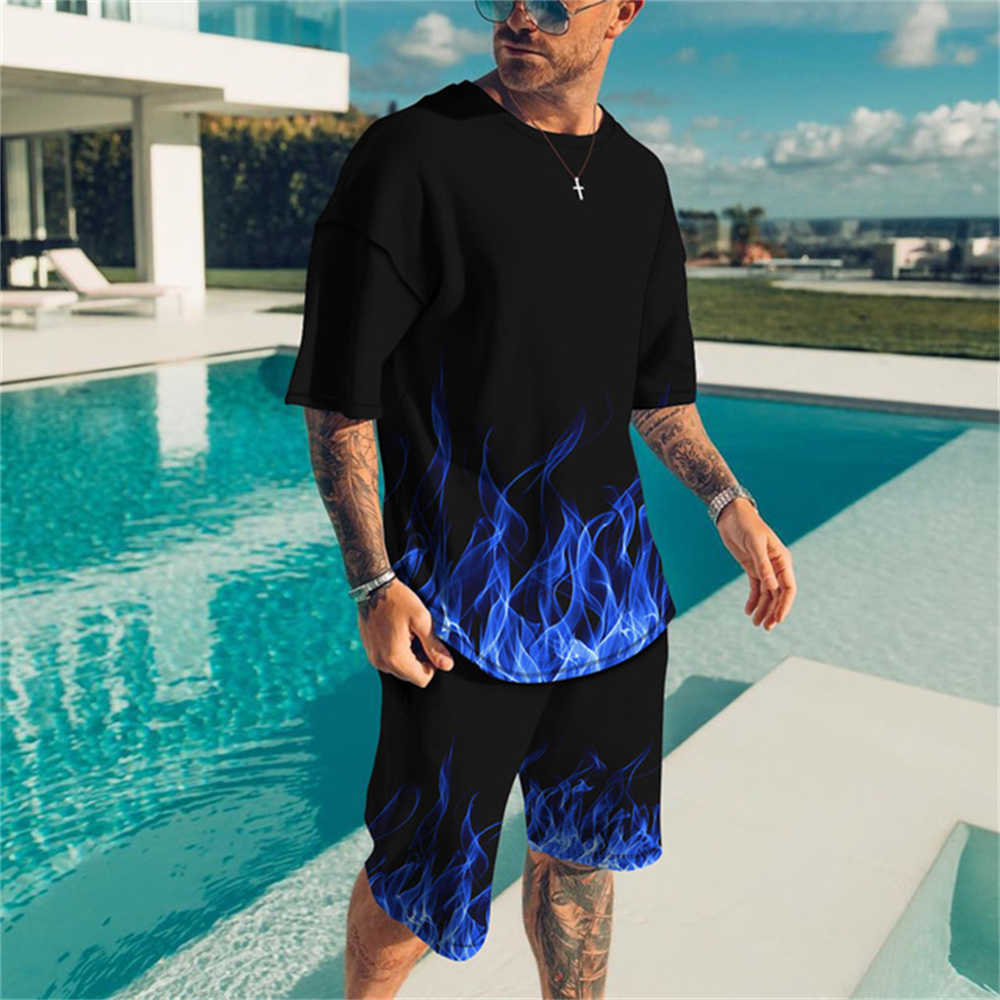 Men's Tracksuits Summer men's new sports T-shirt with flame pattern printing 2-piece black jogging fashion street set casual oversized P230603