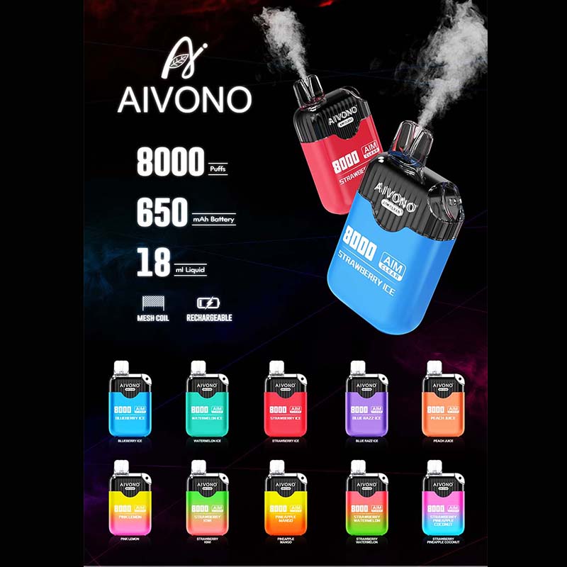 Aivono AIM Clear 8000 일회용 vape 펜 e 담배 장치 650mAh 배터리 18ml 포드 사전 채워진 캣 트리지 충전식 프라임 바