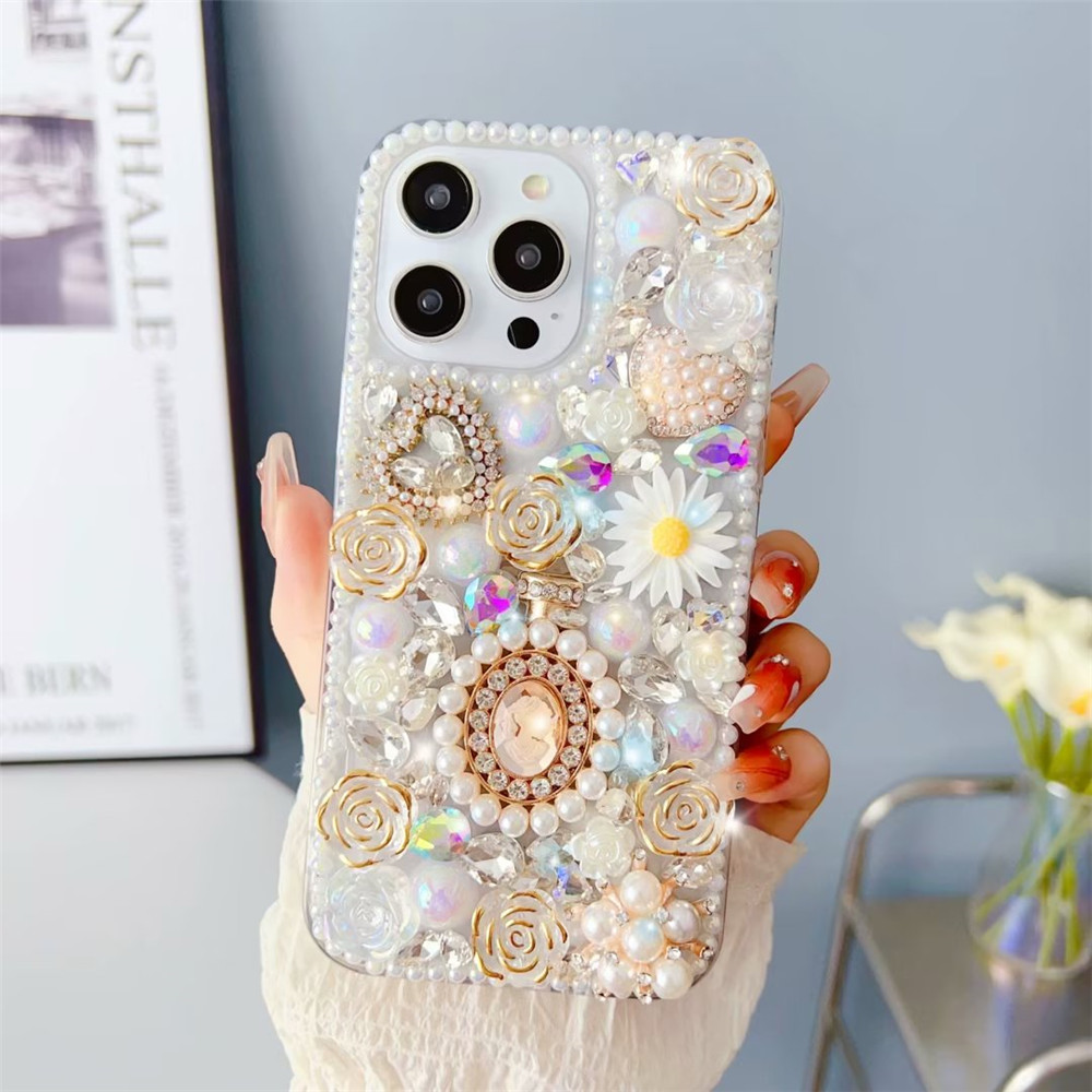 Étuis de luxe à fleurs en strass pour iPhone 15 13 11 14 Pro MAX X XS MAX XR 12 Pro 14Plus 15Pro 15ProMax, coque arrière en cristal 3D pour femmes